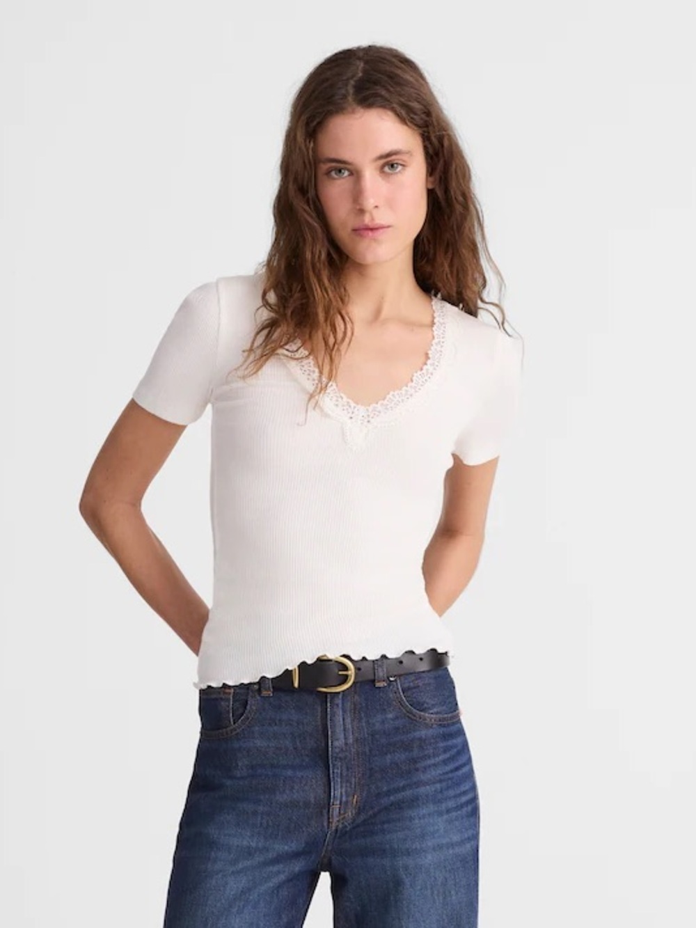 Madewell White Lace-Trim V-Neck Top XL